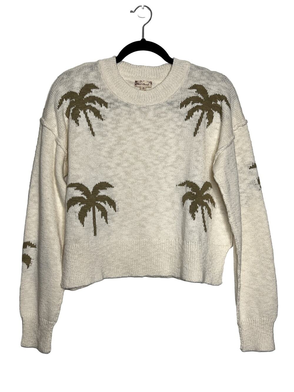 hem & thread Palm Tree Knit Sweater Medium Cotton Cream Olive Green Crew Neck